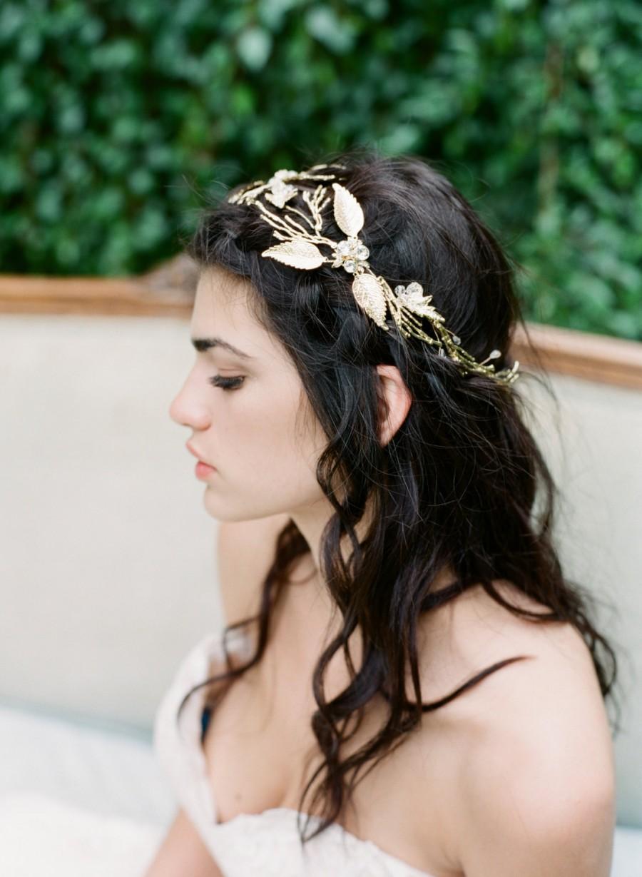 Wedding - Bridal Halo Swarovski Crystal - LOLA Gold Headpiece, Swarovski Crystal Bridal Headband,Rhinestone Tiara Gold Headband, Leaf Wedding Tiara