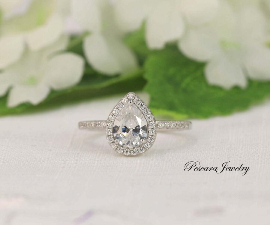 Wedding - Pear Engagement Ring - Pear Cut Ring - Pear Halo Ring - Wedding Ring - Diamond Stimulants (CZ) - 1 Carat - Sterling Silver
