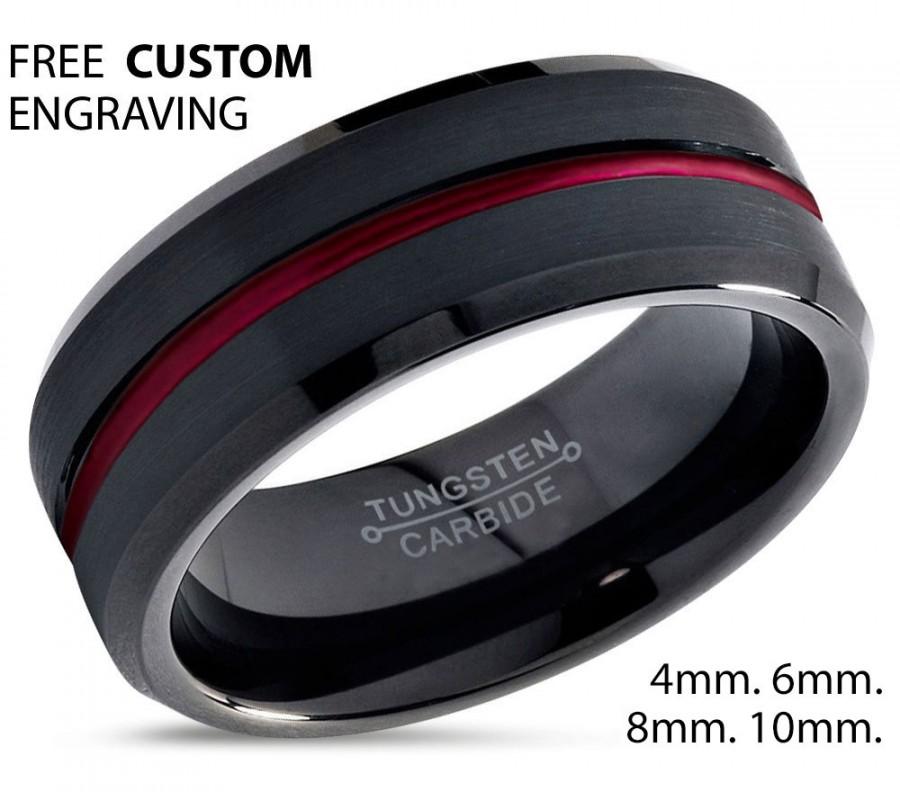 Mariage - Tungsten Ring Mens Black Red Wedding Band Tungsten Ring Tungsten Carbide 8mm Brushed Man Wedding Male Women Anniversary Matching