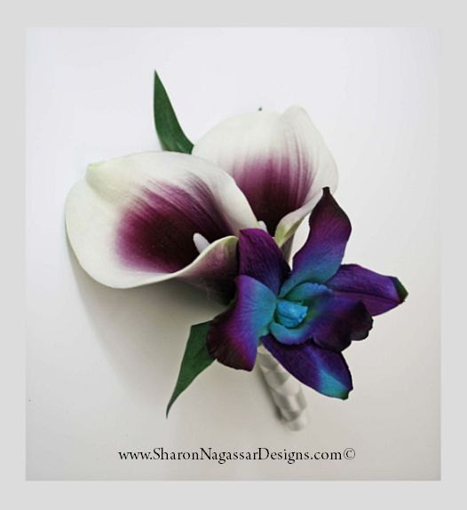 زفاف - Corsage OR Boutonniere, purple, blue/aqua/teal/turquoise, orchids, Picasso lilies, dendrobium, Real Touch flowers, silk, prom/wedding