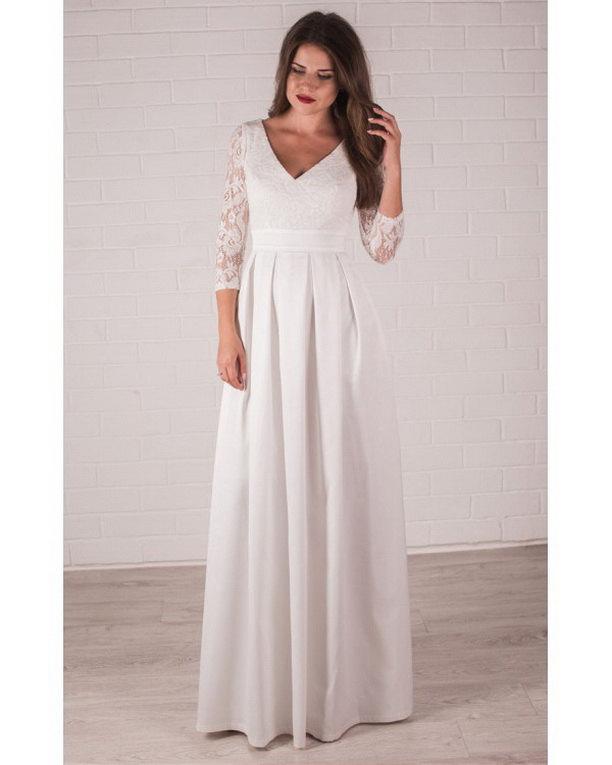 Hochzeit - White Evening Maxi Dress Wedding Dress Lace, Formal Dress.Wedding Long Pleats Engagement Dress