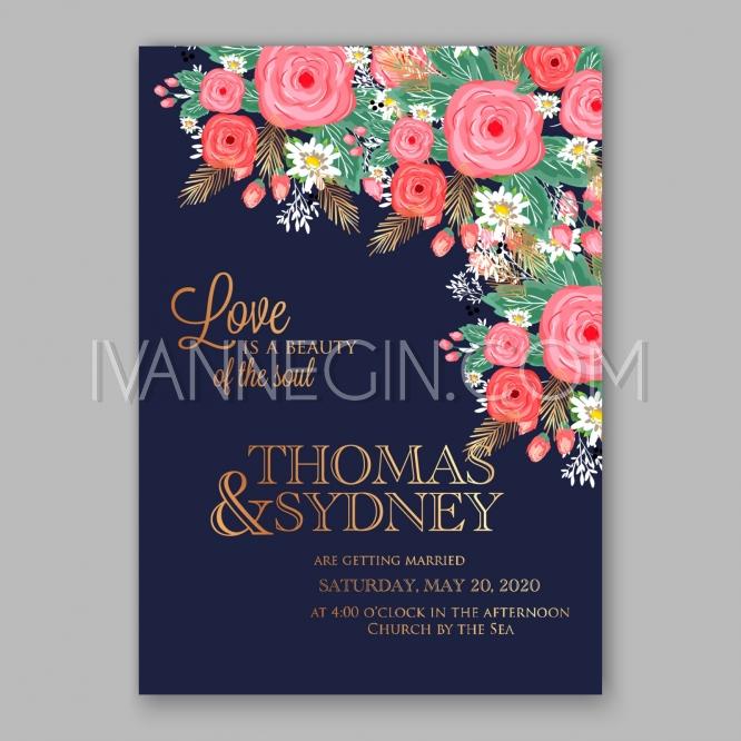 Hochzeit - Wedding invitation with delicate pink roses, daisies, pine branches and gold text on a navy blue - Unique vector illustrations, christmas cards, wedding invitations, images and photos by Ivan Negin