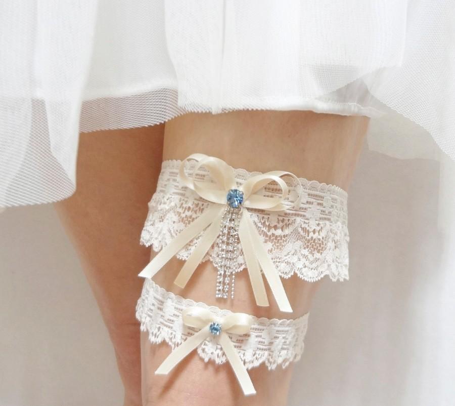 Wedding - something blue garter set,  wedding garter set ivory bow and ruffle lace blue rhinestones on Ivory lace
