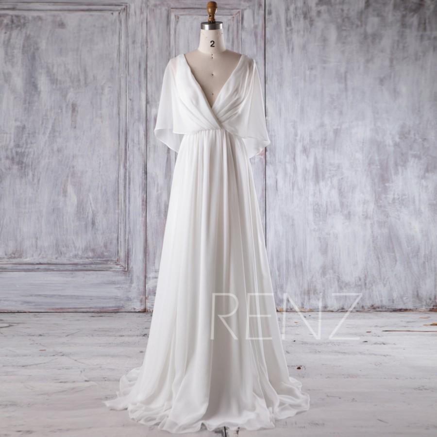 Hochzeit - 2017 Off White Chiffon Bridesmaid Dress, Deep V Neck Wedding Dress, Ruffle Sleeves Prom Dress, A Line Evening Gown Floor Length (H339)