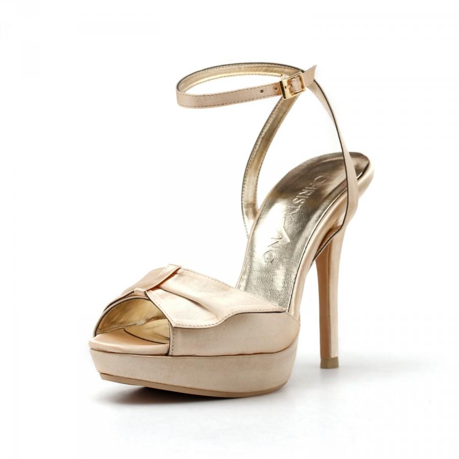 Mariage - Champagne Strappy Evening Heels, High Heel Evening Shoes, Strappy Wedding Heels, Satin Wedding Heels