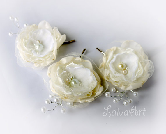 Mariage - Wedding Fabric Flower Hair Pin Bridal Accessories Ivory, Rustic Wedding Vintage Victorian Shabby Chic,