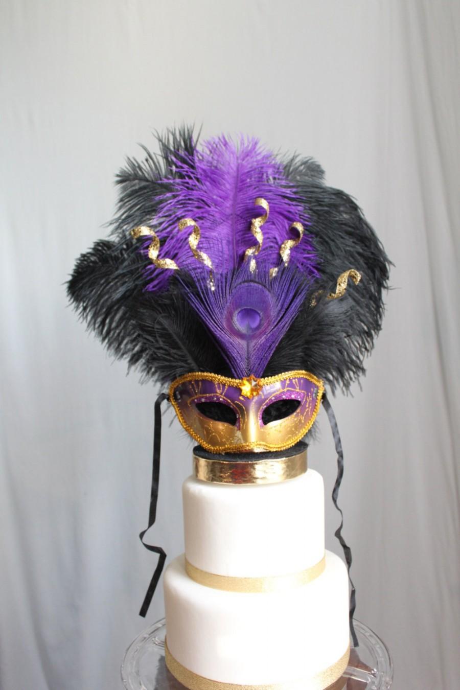زفاف - Mardi Gras, Masquerade, Venetian, Mask Purple and Gold Cake Topper, Costume, OverTheTopCakeTopper