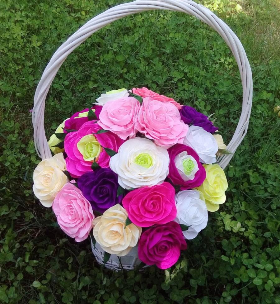 Свадьба - Paper Flowers Rustic basket Wedding Flowers Girl pink coral paper table decor ceremony Centerpieces  Birthday Baby Shower mexican fiesta
