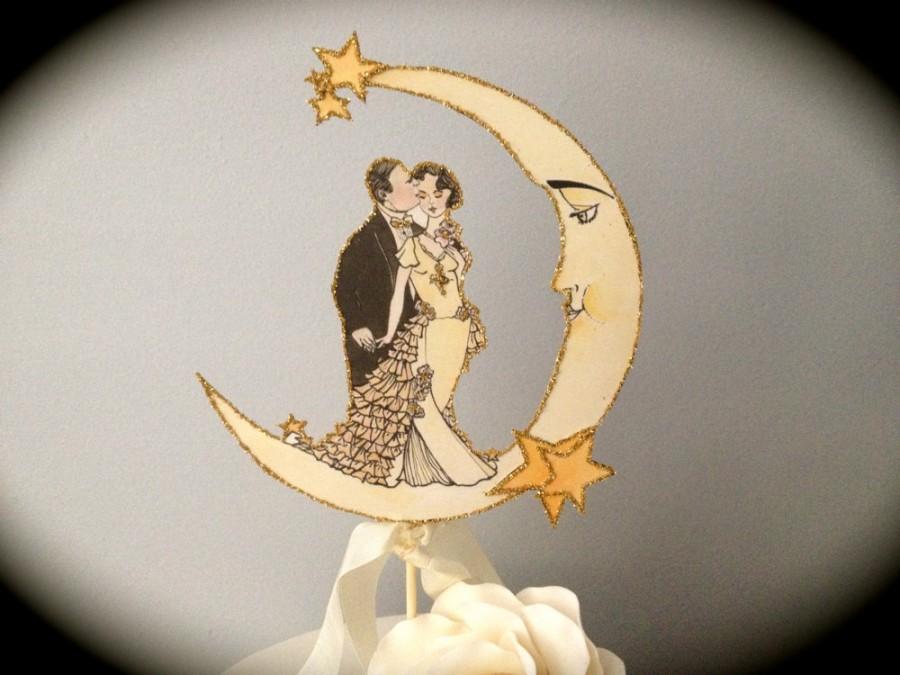 Wedding - Moon Wedding Cake Topper Outlined in Gold Glass Glitter,  Vintage Inspired, Featured in Brides Magazine