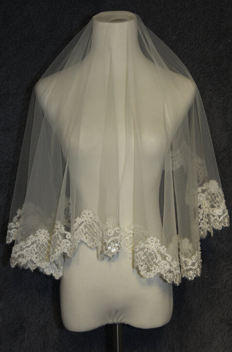 زفاف - 1Tier pearl veil/hand-sequined veil/1.5m bridal veil/white ivory lace wedding veil/bride accessories