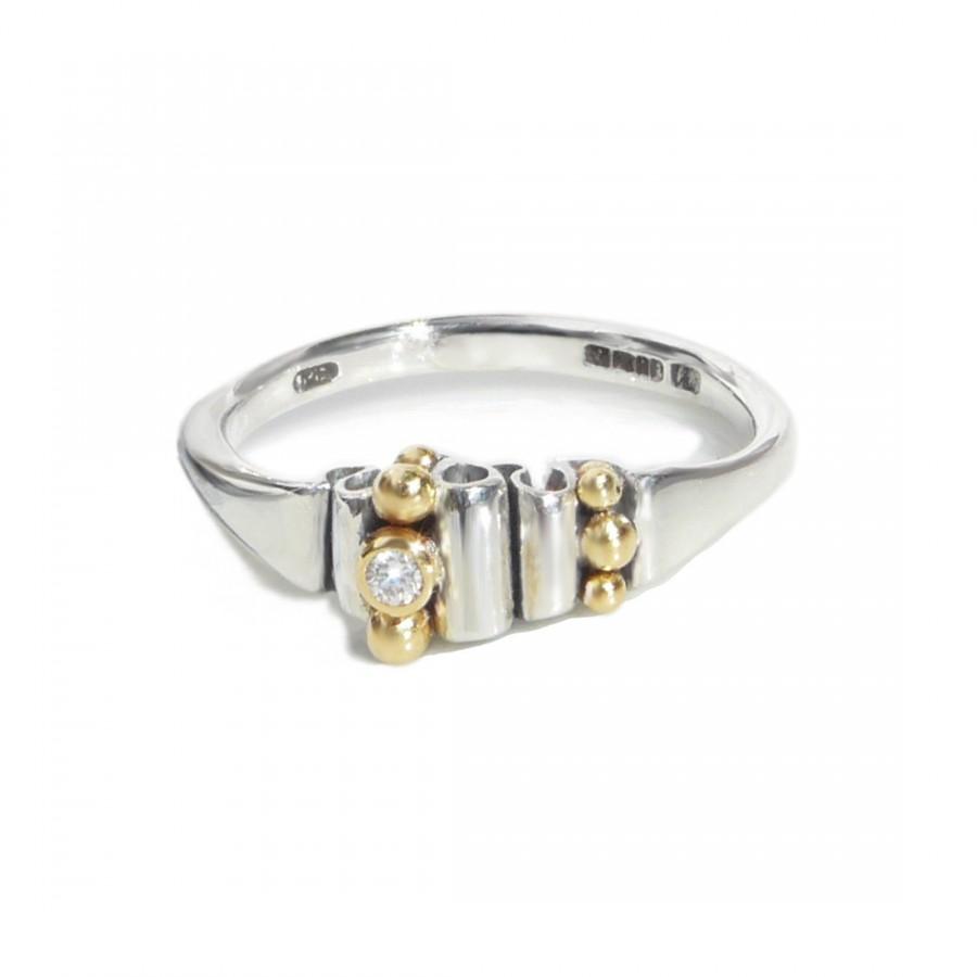 Wedding - Modern Silver "Crinkly" Ring with 18kt Gold beads + Diamond#Pamela Dickinson#Collectible gift.Contemporary studio fine jewelry. Hallmark.