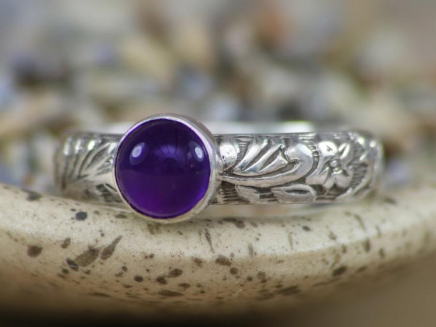 Wedding - Size 6 - Dark Amethyst Solitaire with Flower and Leaf Band In Sterling - Silver Amethyst Promise Ring - Ready To Ship - Gift For Her