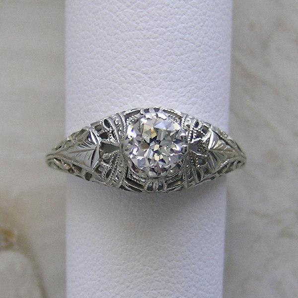 Mariage - Antique Engagement Ring Filigree Art Deco Style Old European Cut Diamond 0.50 Ct.