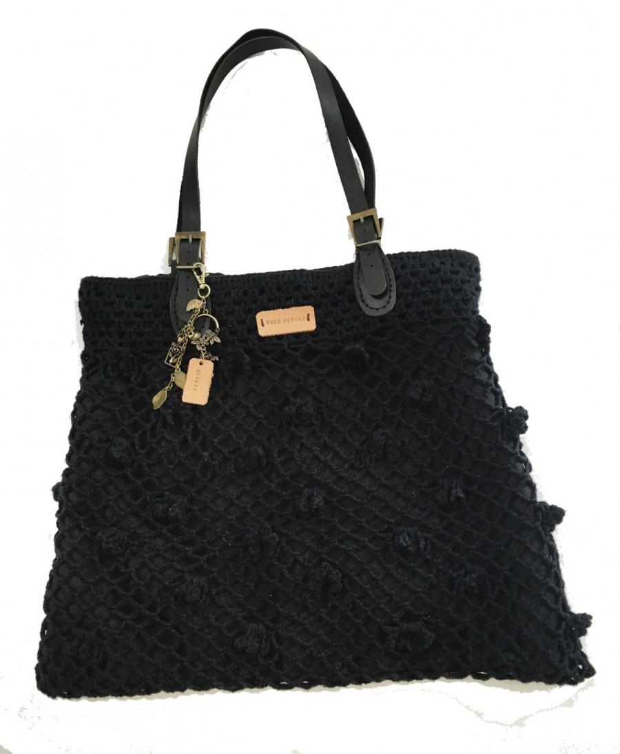 Wedding - Crochet Leather Bag,Personalized gift, bridesmaid gift, Shoulder bag ,Floral bag,Blue /Black bag,Healthy Bag,Vintage bag,Boho,Gift for her,