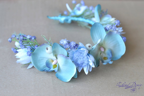Mariage - Beach bridal crown Light blue wedding flower crown Orchid hair Wreath Bridal floral headpiece Blue floral crown Orchids hair dress