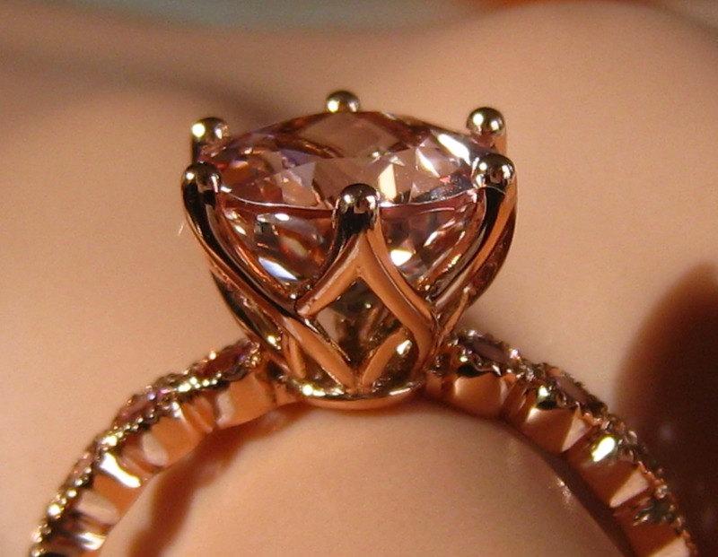 زفاف - Morganite Engagement Ring in Rose Gold Lily Mount with Imperial Malaya Garnets in Milgrained Bezels