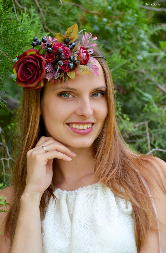 Burgundy Wedding Flower Crown Fall Bridal Floral Headband Bridal Crown Woodland Hair Wreath Red