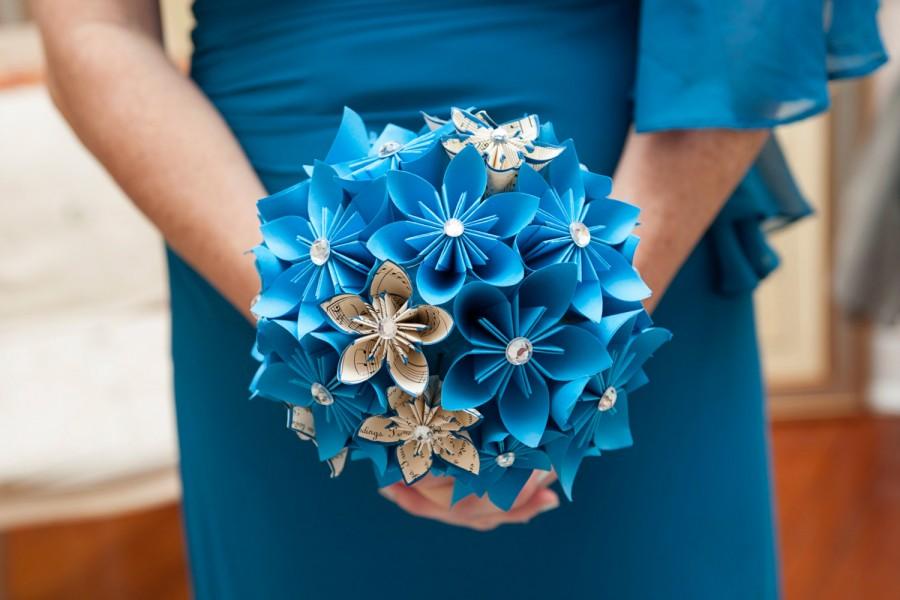 Wedding - Something Blue Paper Flower Wedding Bouquet- bridal, bridesmaid, origami, round bouquet, made to order, one of a kind, non traditional