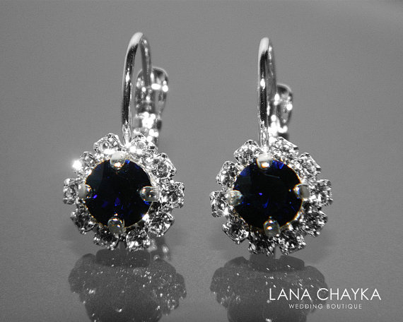 Hochzeit - Dark Blue Halo Crystal Earrings Swarovski Dark Indigo Silver Earrings Dark Navy Blue Leverback Small Earrings Bridal Bridesmaid Blue Jewelry