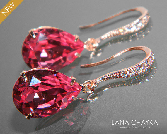 Свадьба - Pink Rose Gold Crystal Earrings Swarovski Rose Pink Rhinestone Earrings Pink Bridal Earrings Wedding Bridesmaid Rose Gold Pink Jewelry
