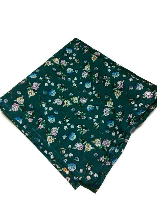 Wedding - emerald floral pocket square matching bow tie and cufflinks Wedding hankies Cotton green handkerchief Birthday gift for best boyfriend bhyug