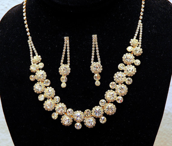 Hochzeit - Gold Rhinestone Wedding Necklace, Crystal Bridal Jewelry Set, Crystal Necklace, Wedding Accessories