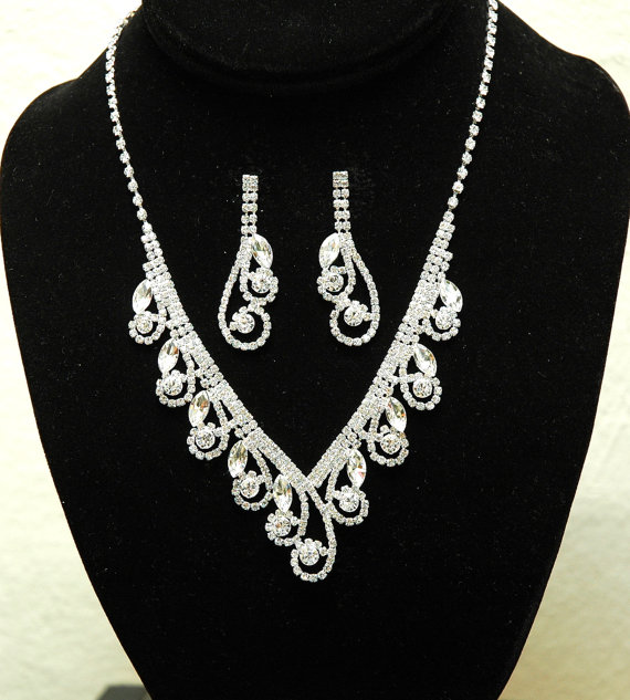 زفاف - Swirl Bridal Necklace, Crystal Wedding Necklace, Silver Rhinestone Jewelry Set, Wedding Accessories