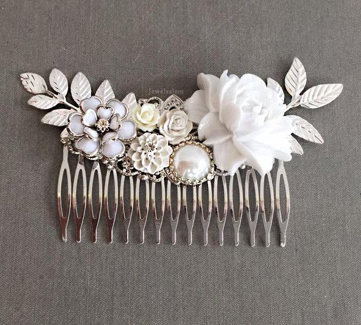 زفاف - Bridal Hair Comb Silver White Wedding Headpiece Victorian The Great Gatsby Art Deco Wedding Hair Adornment Woodland Rustic Big Flower Comb