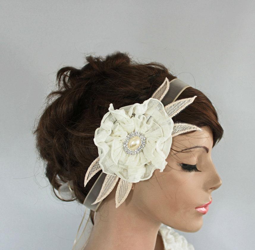 زفاف - Ivory Bridal Head Piece, Weddings Flower Headband, Rhinestone Accent, BohoChic Wedding Champagne, Cream, Hair Fascinator, Handmade, ooak
