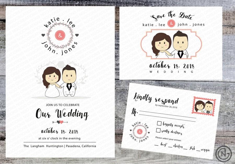 Свадьба - Portrait Wedding Invitation (White) Printable Invites Rustic Cute Fun Anime Cartoon Style Kawaii - Custom Invitation RSVP Save the Dates