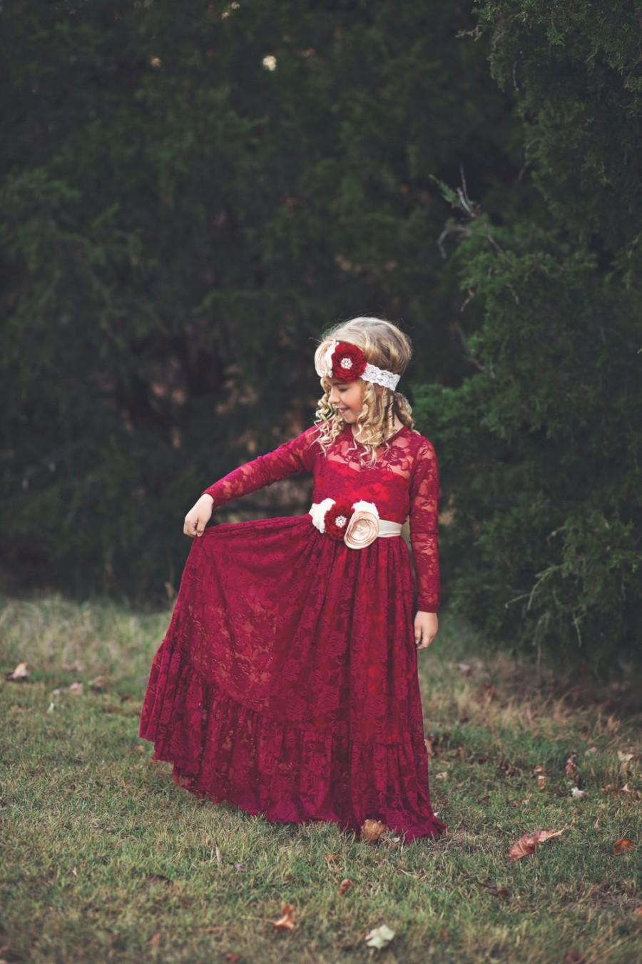 Свадьба - lace flower girl dress, burgundy, girl lace dresses, wine red dress, long sleeve, toddler, country, rustic, red, baby girl dress, cranberry