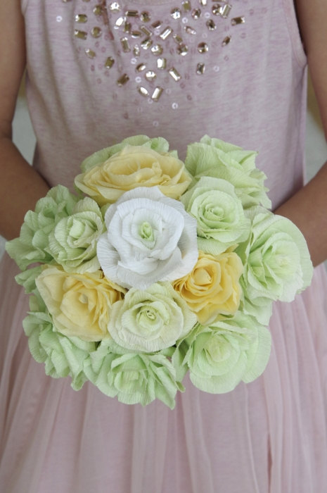 Mariage - Paper Flower Bouquet ready to ship, Green Yellow Wedding Bouquet, Soft Lemon Wedding Color Trend 2015, Paper Rose Bouquet