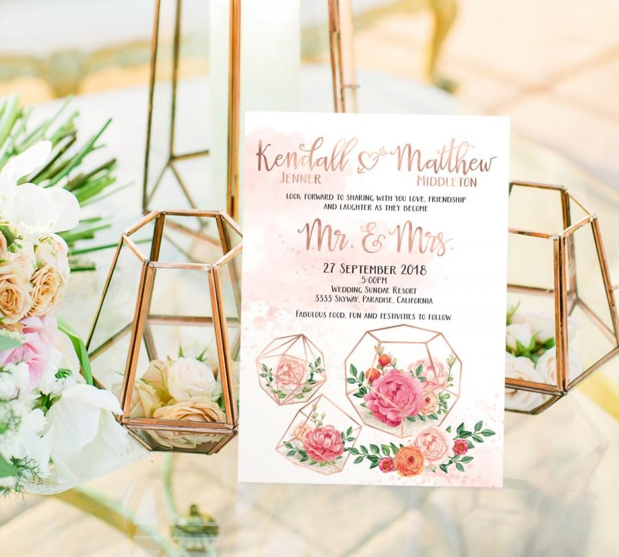 Mariage - Printed Card - Digital Printable Files - ROSE GOLD Floral Geometric Wedding Invitation and RSVP Card Modern Wedding Wedding Stationery ID905