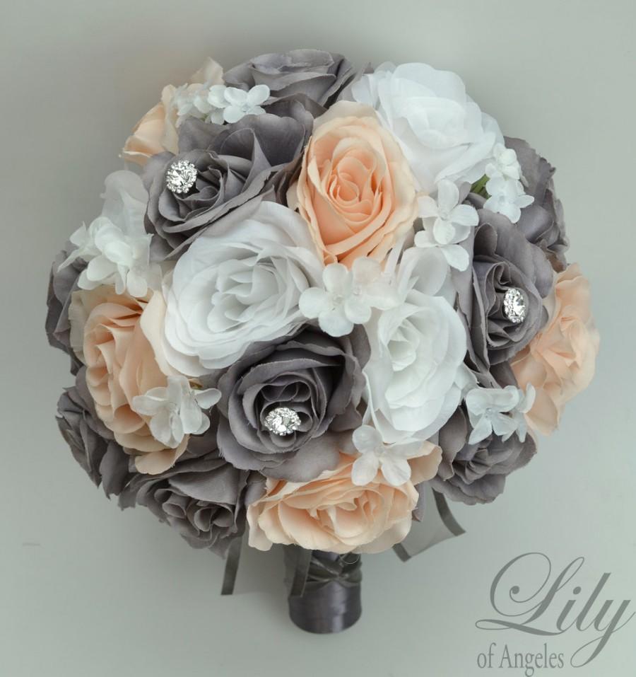 Mariage - 17 Piece Package Wedding Bridal Bouquet Silk Flowers Bouquets Artificial Bride BLUSH GREY JEWELS Faux Diamonds "Lily of Angeles" GYBS01"