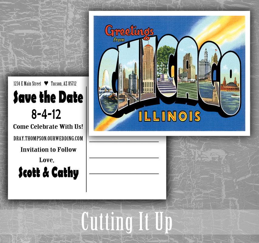 زفاف - Save the Date Postcards, Greetings From Chicago, Illinois Wedding, Idaho Postcard, Indiana Save The Dates, Vintage Card, Destination Wedding