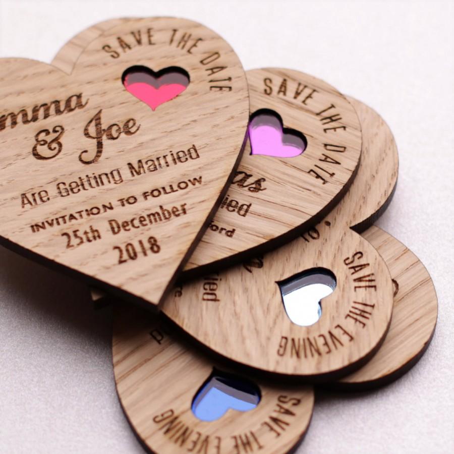 Wedding - Wood Save the date,  Wooden save the dates, Rustic Save the date ,Heart wedding magnets, coloured heart save the date
