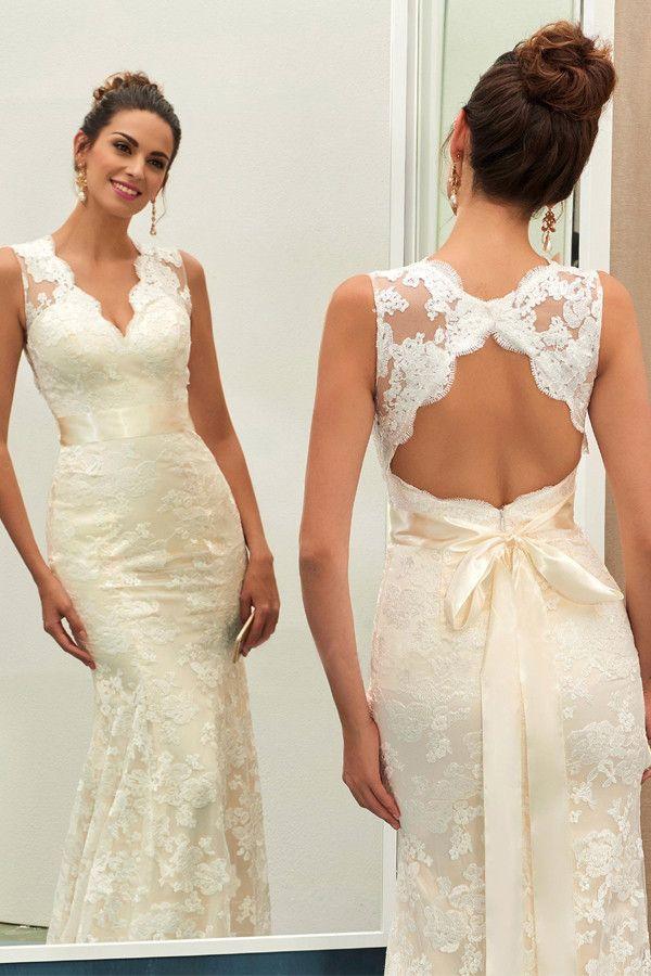Wedding - Charming V Neck Lace Sheath Wedding Dress With Sashes WD040