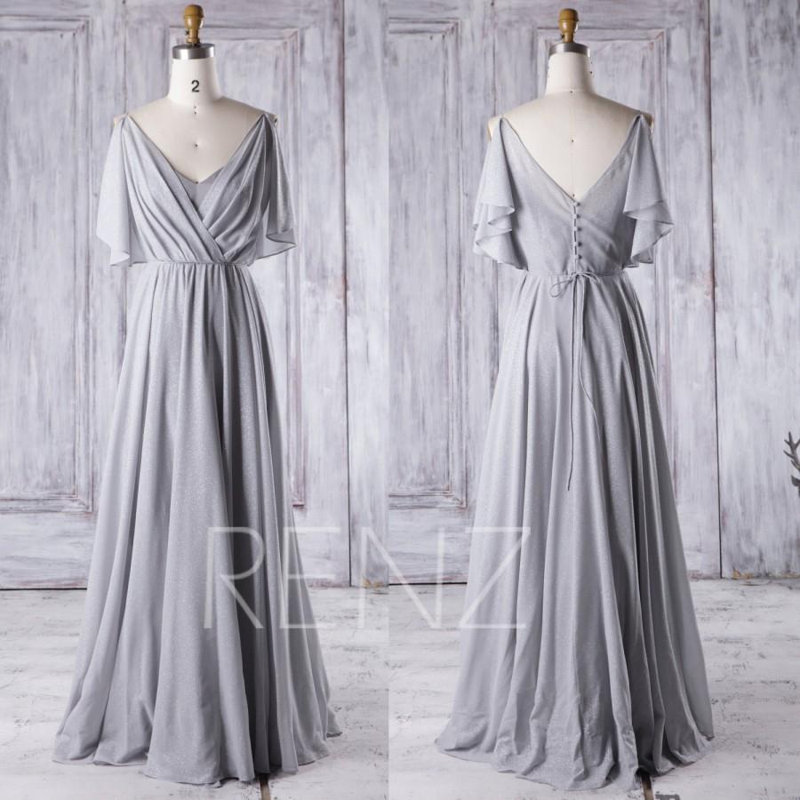 Mariage - 2016 V Neck Bridesmaid Dress with Sequin, Ruched Chiffon Bodycon Wedding Dress, Ruffle Sleeves Prom Dress, A Line Maxi Dress Floor (J019A)