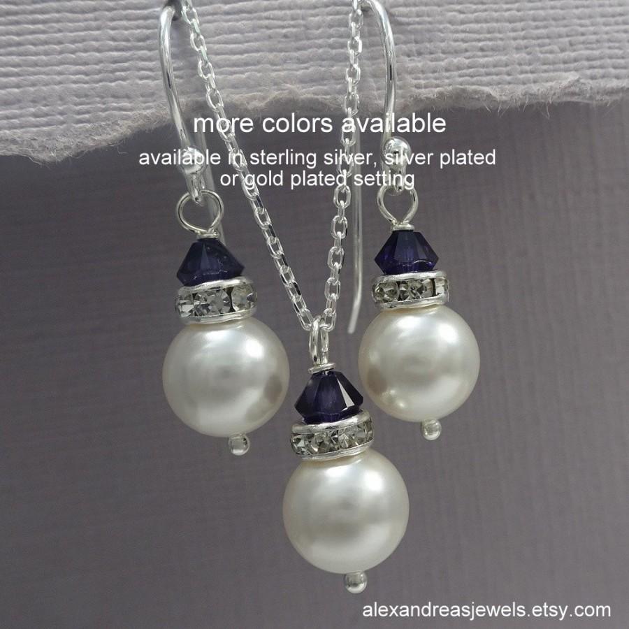 Mariage - Navy Bridesmaid Gift, Swarovski White Pearl and Navy Blue (Dark Sapphire) Crystal Jewelry Set, Navy Jewelry Set, Custom Bridesmaid Jewelry