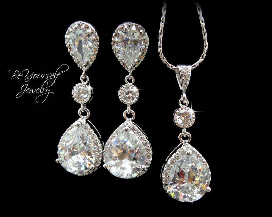 Hochzeit - White Crystal Wedding Jewelry Bridal Earrings Teardrop Bridal Necklace Cubic Zirconia Wedding Earrings Sterling Silver Bridesmaid Gift CZ