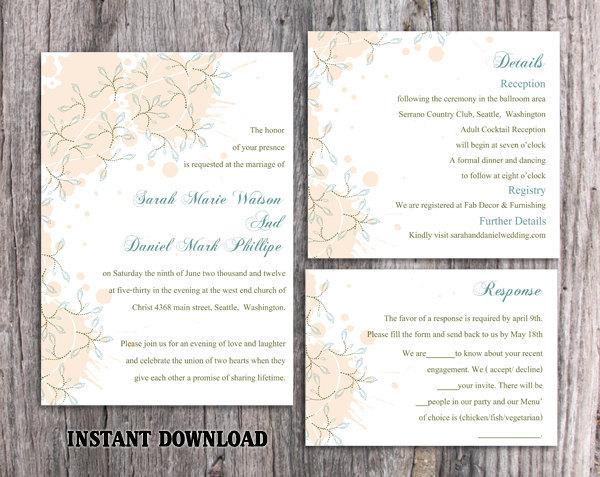 Hochzeit - DIY Wedding Invitation Template Set Editable Word File Instant Download Printable Peach Invitation Leaf Wedding Invitation Blue Invitations