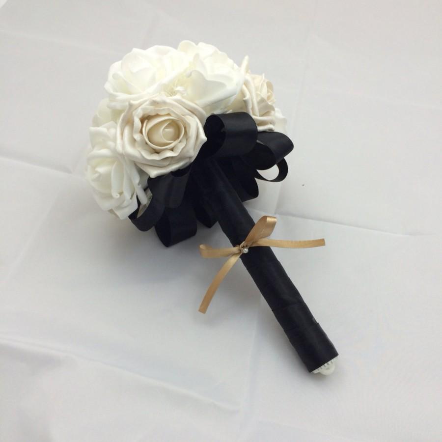 Wedding - Bridesmaid or throw flower bouquet, black and white wedding silk ribbon made to order