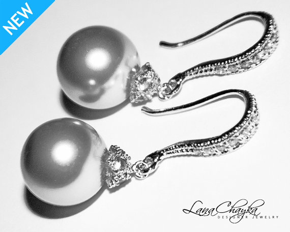 Wedding - Light Grey Drop Pearl Earrings Gray Pearl Sterling Silver CZ Wedding Earrings Swarovski 10mm Pearl Earrings Pearl Jewelry FREE US Shipping