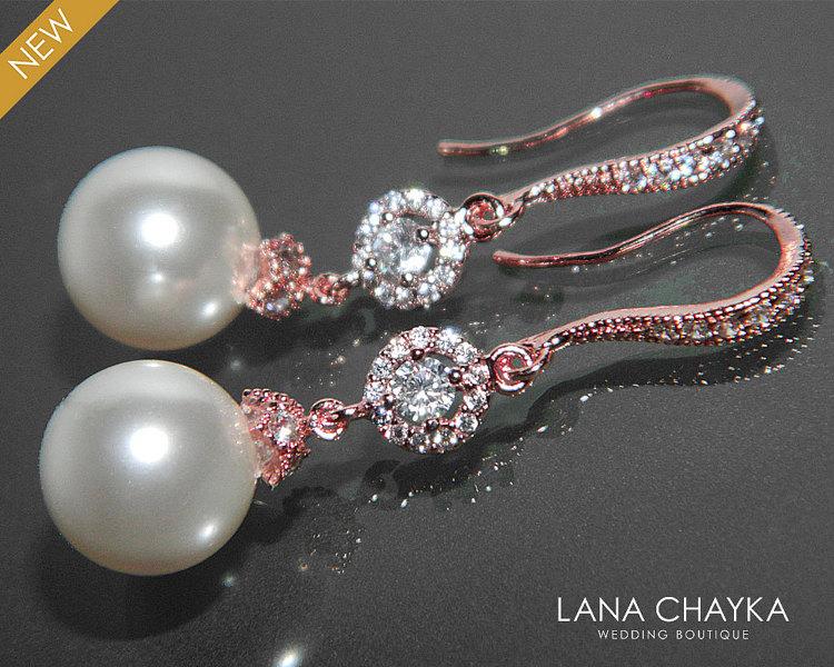 Hochzeit - Pearl Bridal Earrings White Pearl Rose Gold Wedding Earrings Swarovski 10mm Pearl Drop CZ Earrings Pearl Dangle Earrings Bridesmaids Jewelry