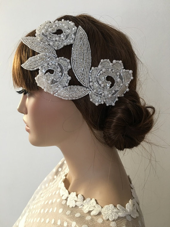 Hochzeit - Bridal Pearl Headband, Pearl sequin hand emroidered Wedding Headpiece, Ivory pearl Headpiece, Wedding Hair piece, Accessories