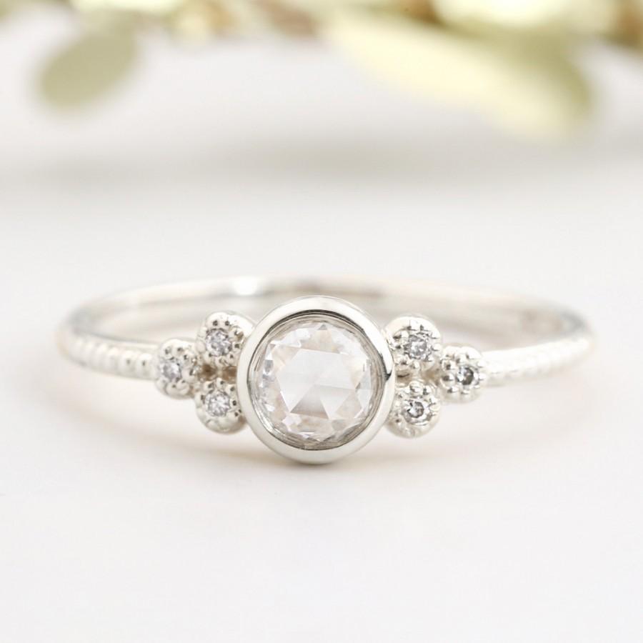 Wedding - Art deco rose cut diamond engagement ring in platinum pt950,14k white gold or 18k white gold, handmade unique engagement ring, ado-r101