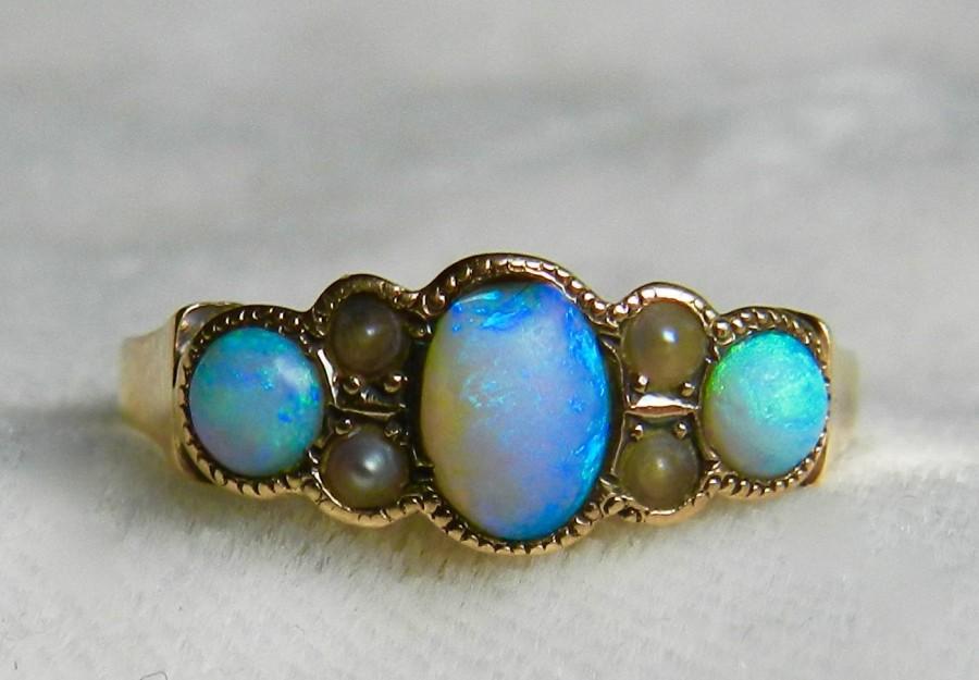Wedding - Opal Ring 14K Gold Opal Engagement Ring 1800s Antique Blue Opal Seed Pearl Ring Victorian Ring Three Stone Ring October Birthday