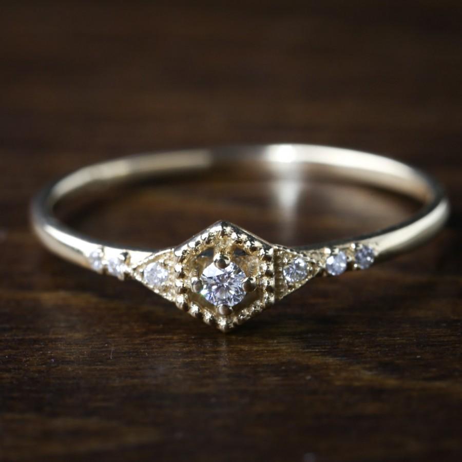 زفاف - Hexagon diamond engagement ring, 2mm diamond 14k 18k gold - altrnative antique dainty engagement ring, yellow rose white gold,  mil-r102-2mm