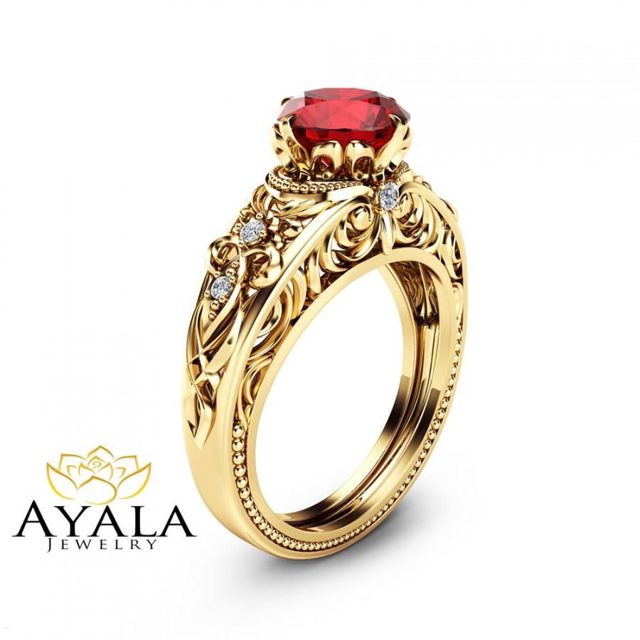 زفاف - Ruby Vintage Engagement Ring Natural Ruby Custom Ring 14K Yellow Gold Vintage Engagement Ring