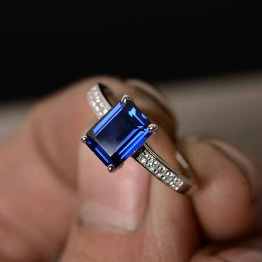زفاف - Lab Sapphire Ring Silver Engagement Ring September Birthstone Ring Blue Gemstone Sapphire Anniversary Ring